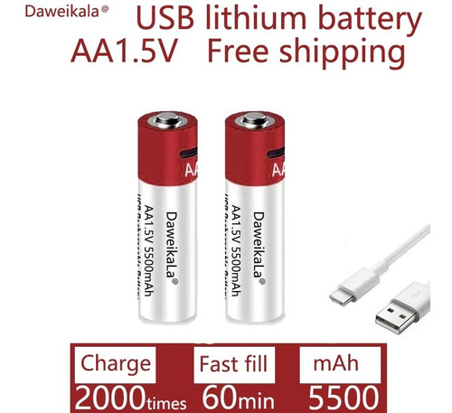 Pilas Aa Recargable Usb 5500mah  1,5 V. 2 Unidades Y Cable