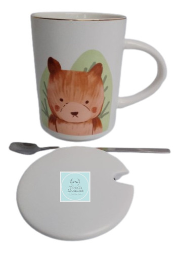 Set De Taza De Cerámica Con Tapa + Cuchara Retrato Animal