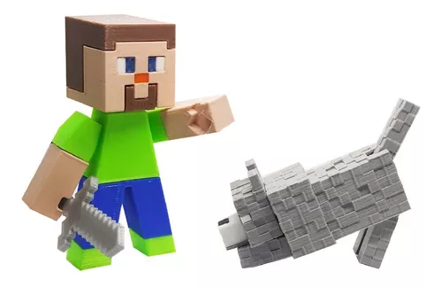 Minecraft - Steve com lobo bege e acessórios - 3dPrinted - Boneco Minecraft  - Magazine Luiza