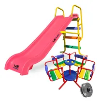 Comprar Combo Tobogan 3 Escalones Pvc + Calesita Infantil Vxplay Color Tobogan Rosa - Calesita Roja