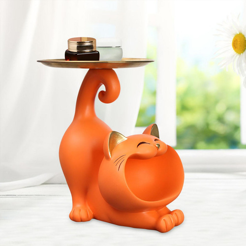 Bandeja De Joyería Decorativa Con Estatua De Gato Naranja