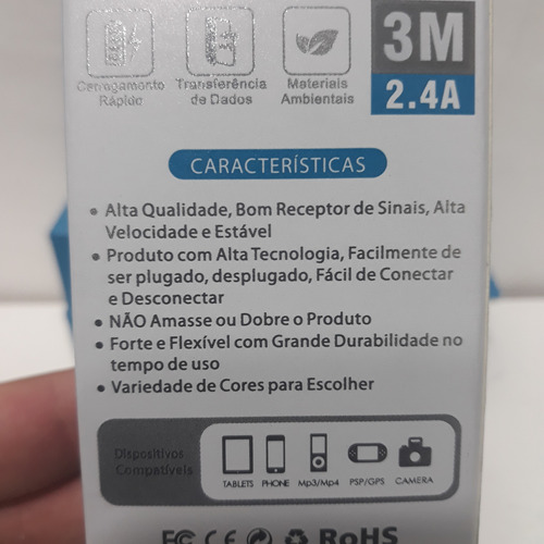 Cabo Micro Usb V8 - 3 Metros Para Controle Ps4 E Android