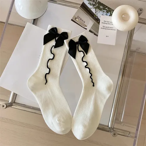Calcetines De Algodón Con Lazo, Calcetines Medios Dulces, Ca