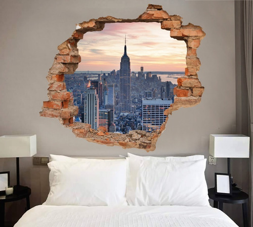 Vinilo Decorativo New York Muro Roto Paisaje Manhattan Color Multicolor