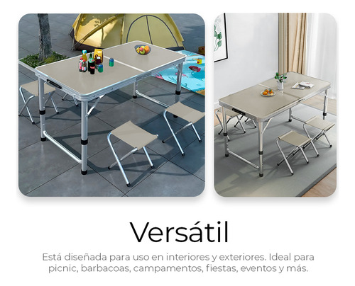 Mesa Plegable Camping Picnic Ajustable 1.20 Portáti 4 Sillas Color Plateado
