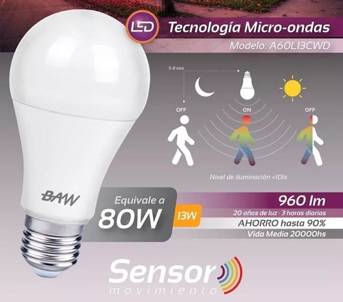 Imagen 2 de 6 de Lámpara Led Sensor De Movimiento Fotocelula Baw 13w X 4 Un
