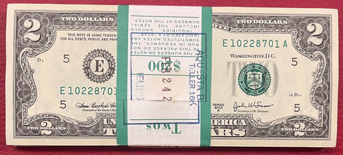 Fajilla De 100 Billetes De 2 Dólares,serie 2003 Consecutivos (Usado)