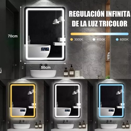 Vasoyo Espejo De Baño Led , Desafog, Inducción 70*50cm,antivaho, Interruptor Táctil, Dimmable, 3 Colores De Luz, Espejo De Baño Rectangular,antióxido, Vidrio Templado