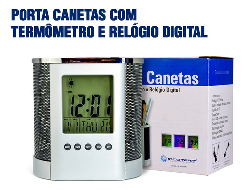Porta Canetas Com Termometro Calendario E Display Colorido.
