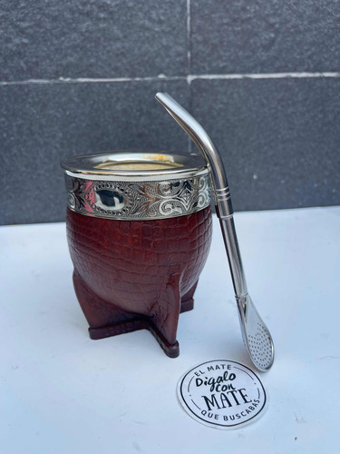 Mate Imperial Cuero Croco De Alpaca Y Calabaza Con Bombilla