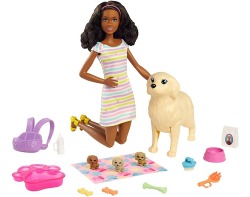 Juego De Muñeca Barbie Y Cachorros Recién Nacidos Doll Brune