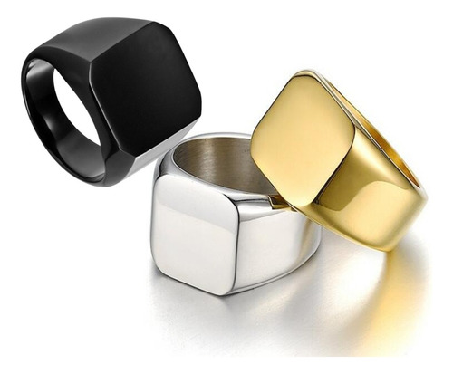 Anel Masculino Retangular Chapado Inox Preto Prata Dourado 