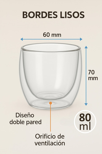 Set 6 Tazas Espresso Doble Pared 80ml Frio Caliente Sin Asa Transparente
