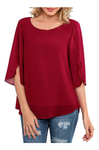 Blusa De Gasa Con Cuello Redondo Y Manga 3/4 For Mujer