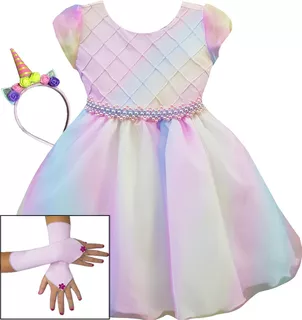 Vestido Festa Infantil Unicornio Frutacor Luxo Tiara Luvas