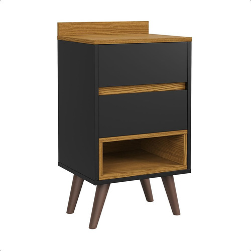 Mesa De Cabeceira Mudo Retrô Para Quarto 2 Gavetas Brilhante Preto/nature