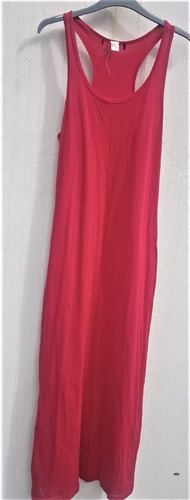 Vestido Largo Algodon Rojo Escote Redondo Fresco Talle M