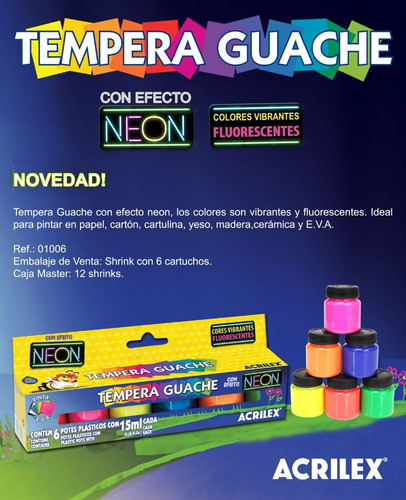 Tempera Escolar Neón Acrilex 6 Colores Surtidos X15ml
