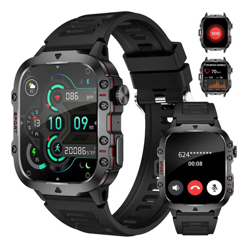 FOXBOX Smartwatch Masculina Relógio Inteligente Esportes Militar Durável resistente a quedas Bateria de 420mAh Chamadas Bluetooth 100+ modalidades esportivas Frequência cardíaca Sono Receber mensagem