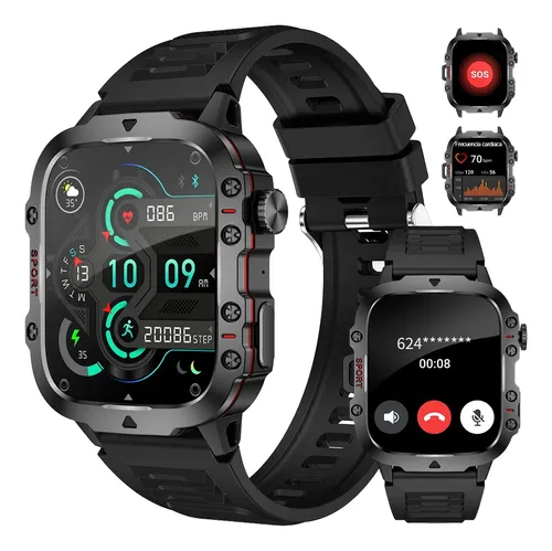 Smartwatch Masculina Relógio Inteligente Esportes Militar Durável resistente a quedas Bateria de 420mAh Chamadas Bluetooth 100+ modalidades esportivas Frequência cardíaca Sono Receber mensagem