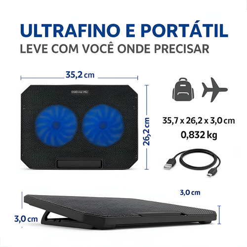 Suporte De Notebook Macboock Apoio 2 Cooler Com Led Nfe