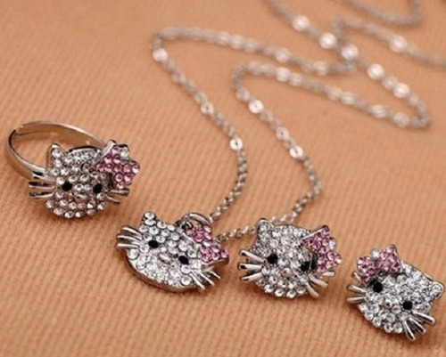 Hello Kitty Set Collar + Aretes + Anillo Cristales Con Caja