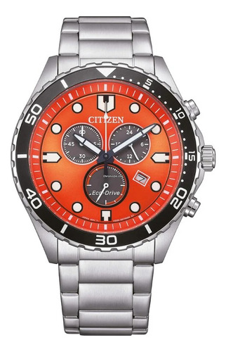 Reloj Citizen At256084x Hombre Eco Drive Cronógrafo Malla Plateado Bisel Negro Fondo Rojo