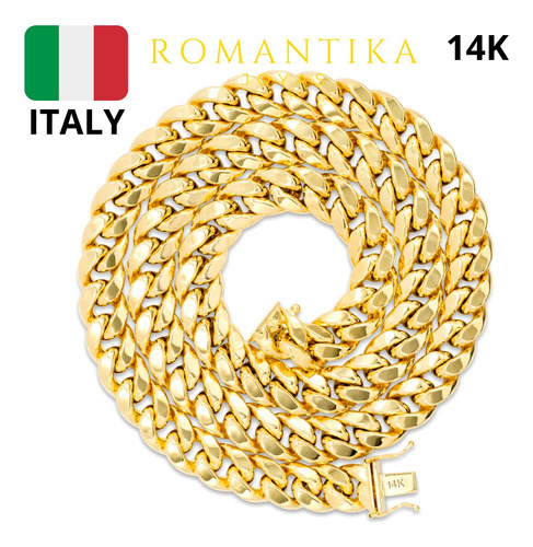 Cadena Barbada Cubana Miami Oro 14k 60cm 11mm Italiano Caja Color Dorado