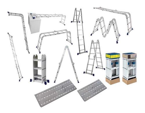 Escalera de aluminio Mor, 4 x 3, 12 peldaños, multifuncional, color azul