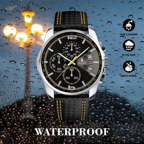 Imagen 4 de 7 de Reloj Hombre Seger 9106 Original Eeuu Elegante Sport Lujoso Color De La Malla Negro/amarillo