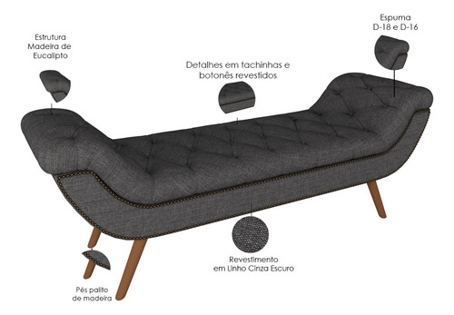 Puff Recamier Com Tachas 195cm Santorini Linho Cinza Escuro