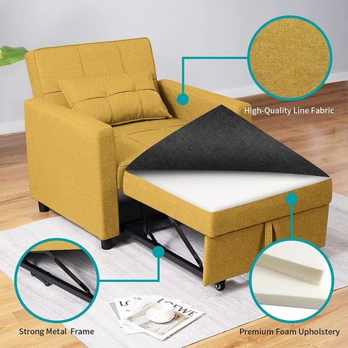 Sofa Futon Cama Plegable 3 En 1 Linen Amarillo Marca Balus