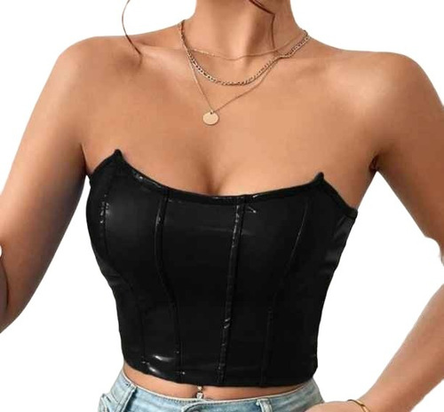 Top Strapless En Cuerina Negro Shein