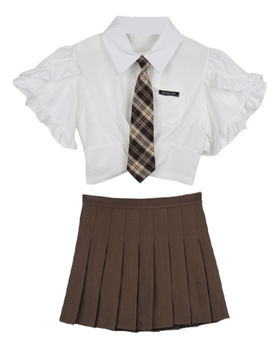 Preppy Mujer Trajes Camisa Blanca Corta Con Lazo Falda Caqui