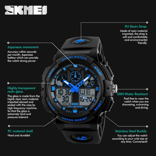Imagen 5 de 8 de Reloj Skmei 1270 S Shock - Sumergible - Deportivo - Dual