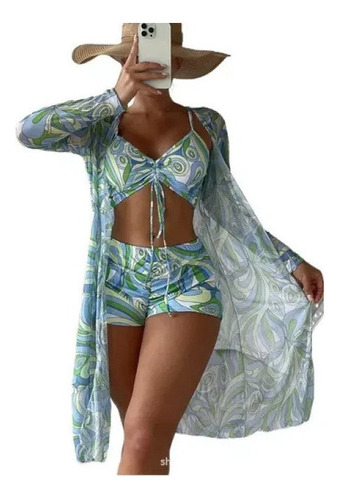 Bikini Con Cordón Y Estampado Completo Con Kimono De Playa
