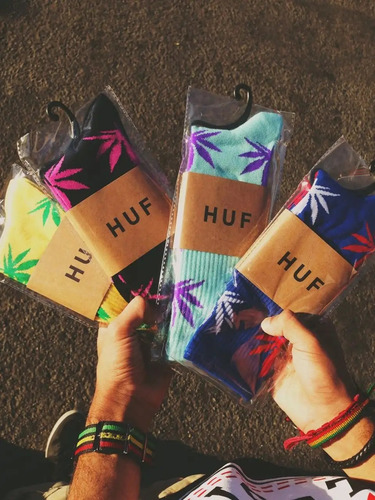 1 Par Calcetines Largos Huf Plantlife Unisex Skate Board Gym Blanco Hoja Verde Estampado Unitalla
