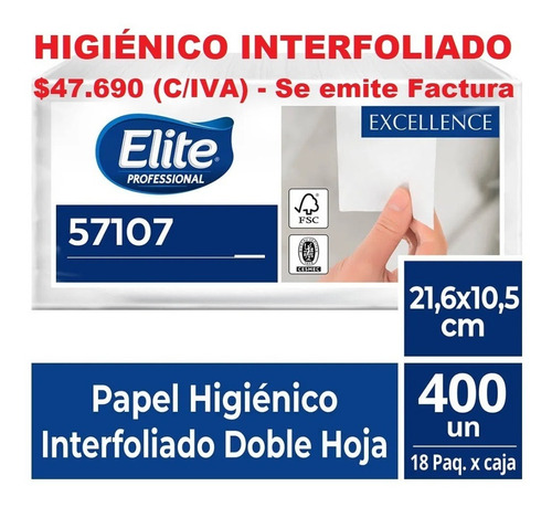 Imagen 3 de 3 de Papel Higiénico Interfoliado, Doble Hoja, Elite, 18x 400un