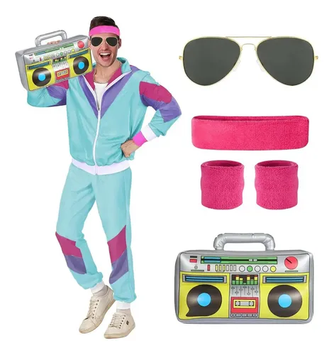 BITOYO Disfraces Años 80 para Niñas Niños, Disfraz Chándal años 80 con Chaqueta Pantalón Riñonera Gafas Piloto Diadema Muñequeras, Collar y Radio Hinchable Años 80 Para Carnaval y Fiesta Temática