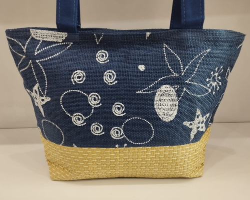 Bolsa De Praia E Piscina Estilo Palha Alça Tecido Cor Azul-escuro / Estrela E Concha