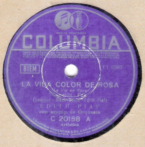 Edith Piaf: La Vida Color De Rosa / 78 Rpm Columbia