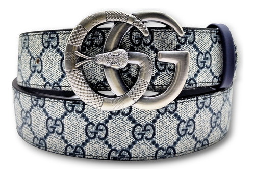 Cinturon Gg Moda Unisex Marmont Azul Diseño De La Tela Hebilla Serpiente Plata Talla S