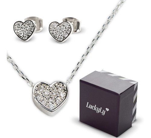 Juego Joyería Mujer Collar Aretes Corazón Zirconias Luckyly Color Plata