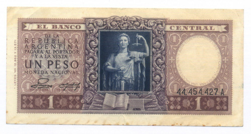 Billete Argentina 1 Peso 1947 Efigie De La Justicia
