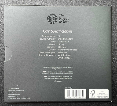 Moeda 5 Pounds 2020 - Bond, James Bond 007 (Usado)