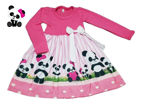 Imagem 3 de 4 de Vestido Infantil Ursinha Panda Manga Longa Inverno Fab2