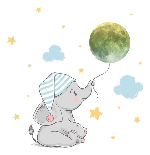 Sticker Pegatina De Pared Luminosa Luna Bebe Elefante Nubes