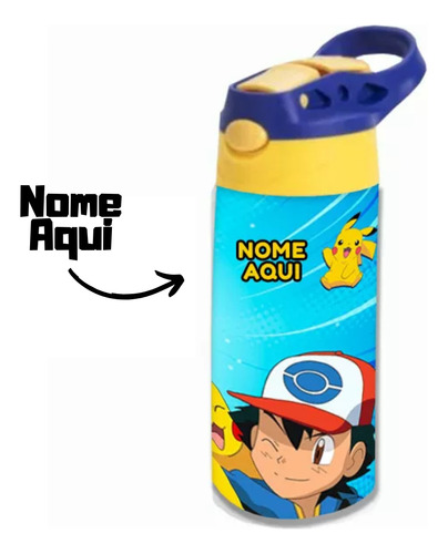 Garrafa Squeeze De Alumínio Pokemon Com Nome Personalizado Azul
