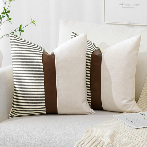 Juego De 2 Fundas De Almohada De Lino Diseño De Patchw...