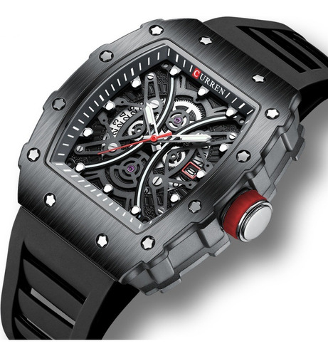 Reloj Curren 8438 Rectangular Skeleton Fechador Silicona Correa Negro Bisel Negro Fondo Negro